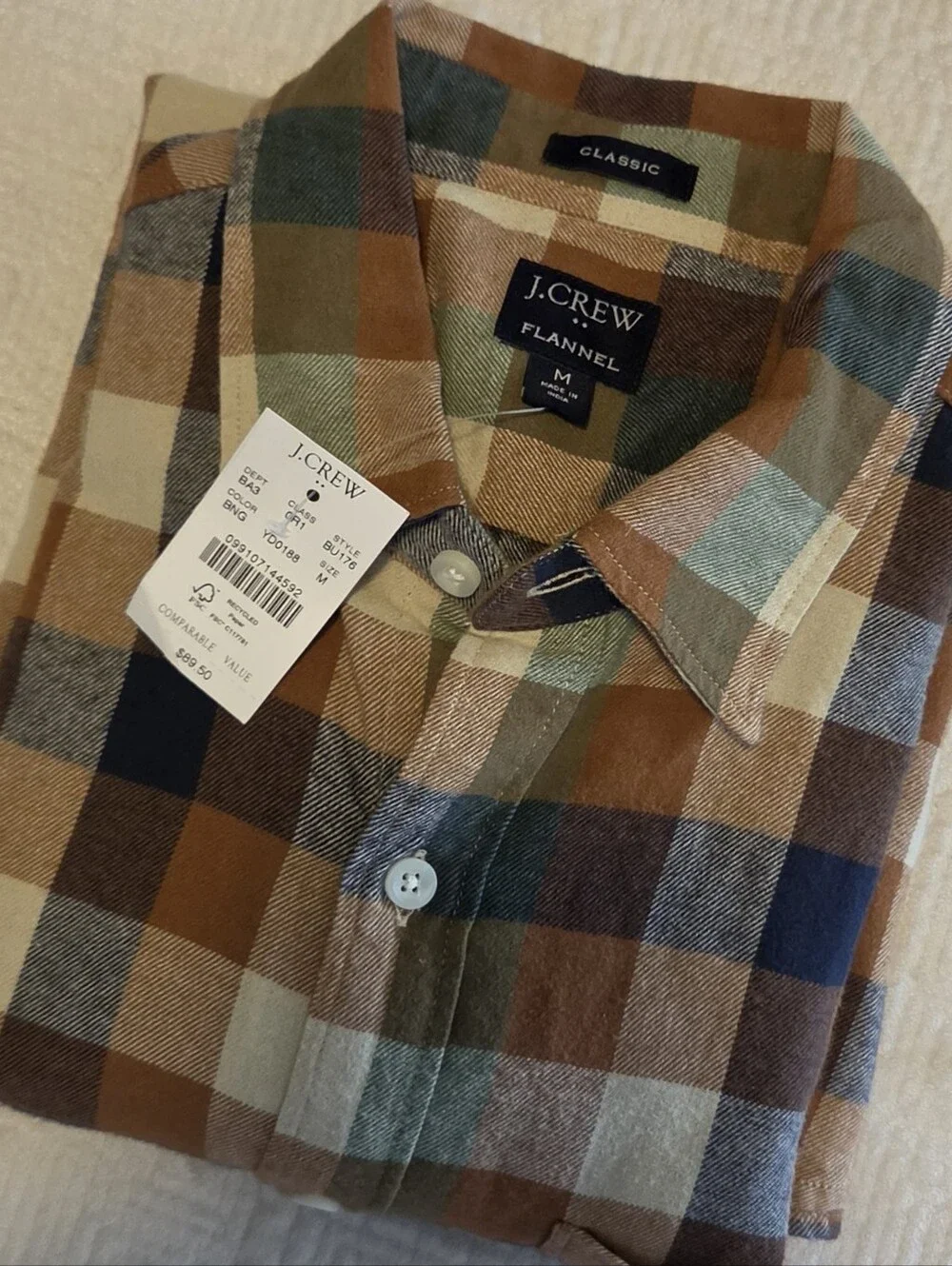 NWT J. Crew Classic Fit Flannel, Size Medium